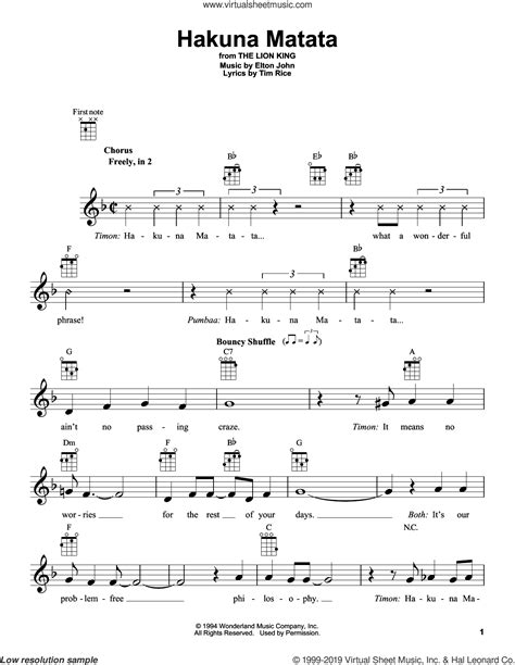 Hakuna Matata (from The Lion King) sheet music for ukulele v2