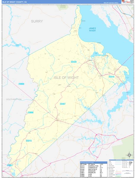 Isle of Wight County, VA Zip Code Wall Map Basic Style by MarketMAPS - MapSales