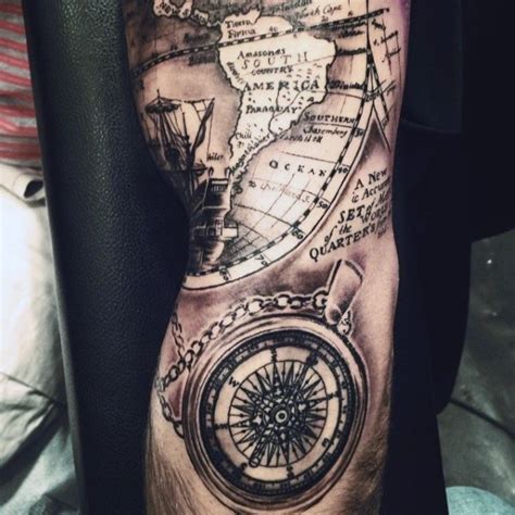 Gorgeous black and white nautical map with compass tattoo on sleeve ...