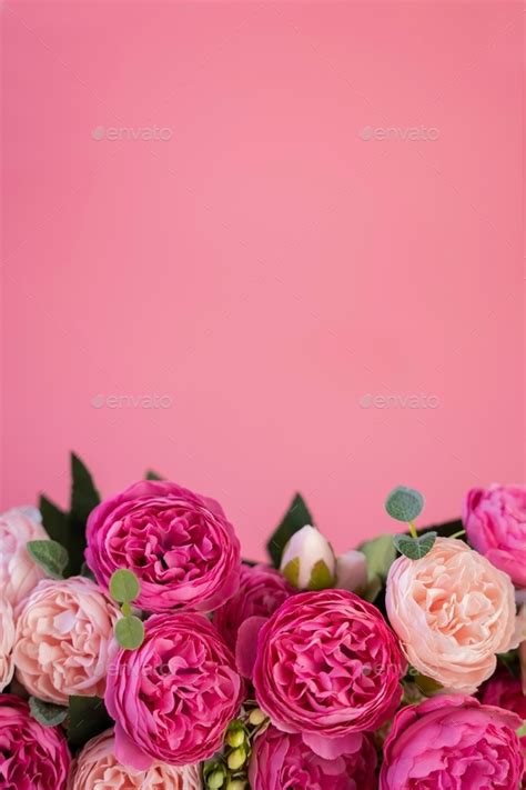 Spring flowers border on a pink background. Mother's Day,Birthday ...