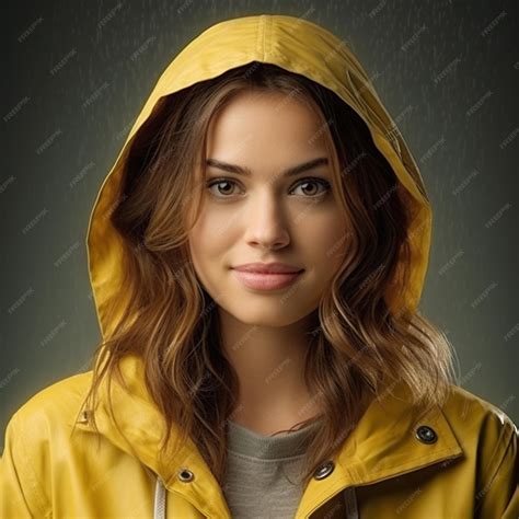 Premium AI Image | a woman in a yellow raincoat with a hood on her head.