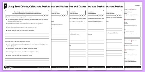 Using Semi-Colons, Colons and Dashes Differentiated Worksheet / Worksheet