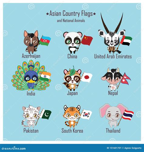 Asian Country Flags and National Animals Stock Vector - Illustration of ...