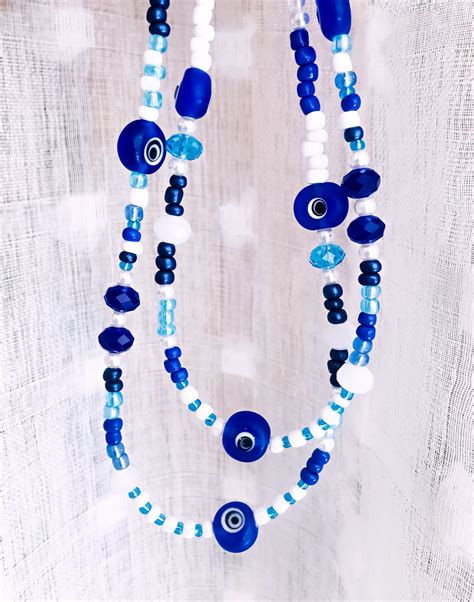 Evil Eye Blue White Necklace-evil Eye Jewelry-beaded Necklace-blue ...