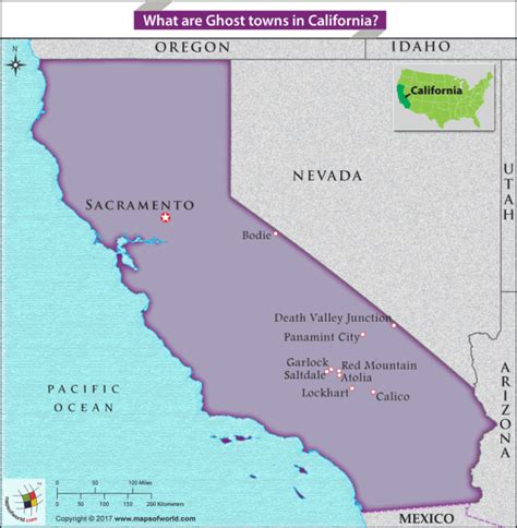 Map of California highlighting the famous ghost towns of the state ...