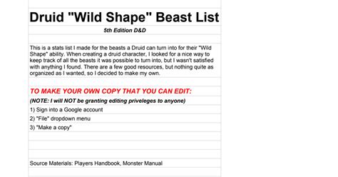 Druid "Wild Shape" Beast List - Google Sheets