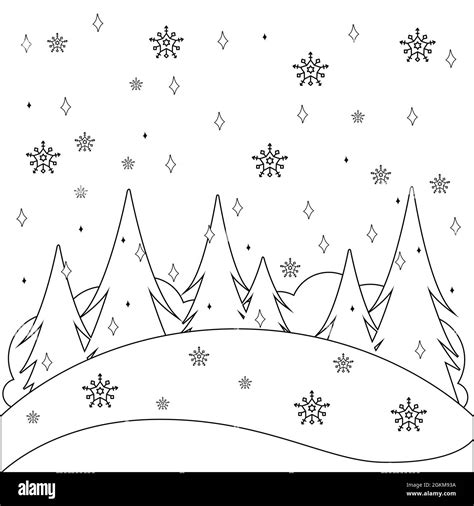 Winter landscape with snow. Black and white coloring page Stock Photo ...