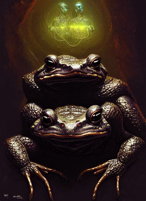 portrait of an ancient black frog, a toad god, intricate, elegant, glowing lights, highly ...