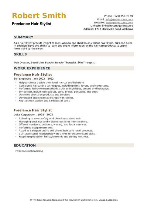 Freelance Hair Stylist Resume Samples | QwikResume