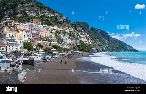 Mediterranean and Marina Grande Beach the main beach at Positano on the Amalfi Coast of Campania ...