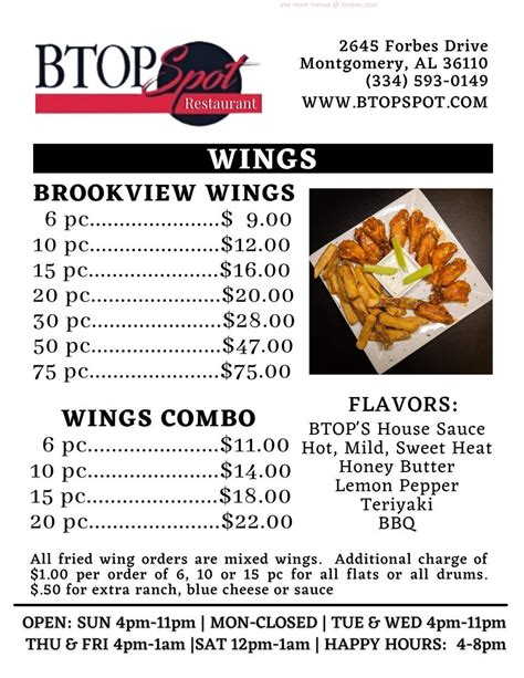 Online Menu of BTop Restaurant, Montgomery, Alabama, 36110 - Zmenu