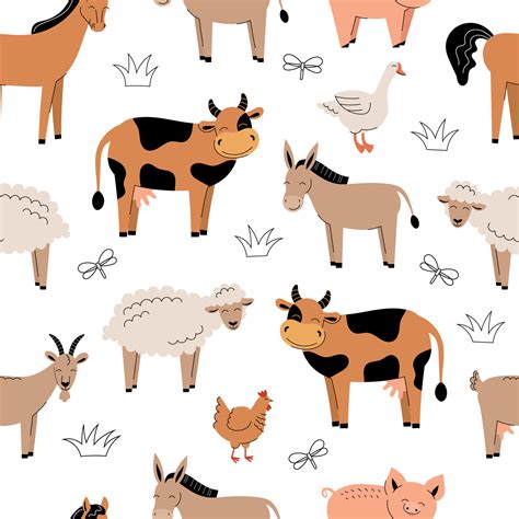 Seamless pattern with cute farm animals on a white background. Cow, donkey, sheep, horse ...