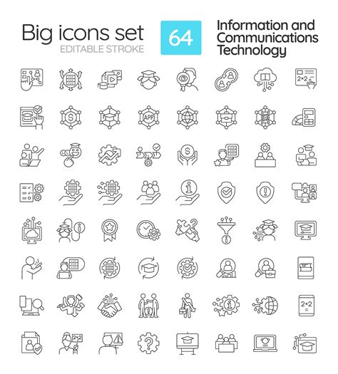 Information and communications technology linear icons set. Big data ...