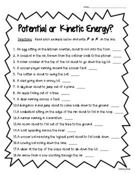 Potential or Kinetic Energy Worksheet - Physical Science by 4 Little Baers