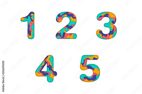 1,2,3,4,5 Number paper art character typographic. Multicolor typography. Vector illustration ...