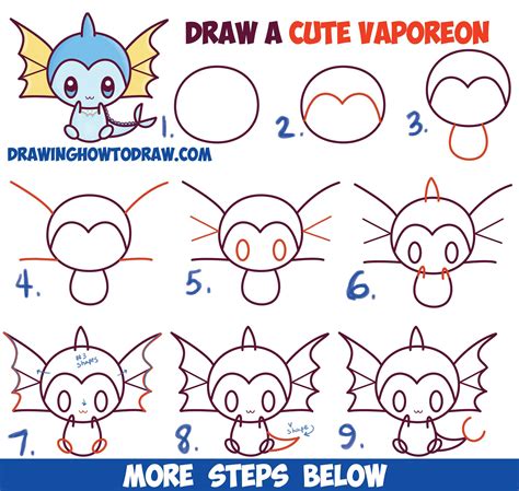 How to Draw Cute Kawaii Chibi Vaporeon from Pokemon Easy Step by Step Drawing Lesson for ...