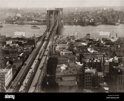 Brooklyn Bridge, looking to Manhattan, New York, c.1890's Stock Photo ...