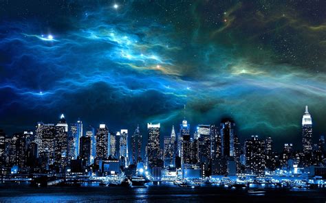 Download Starry Sky Star Cloud Blue Cityscape Sky Artistic City HD ...