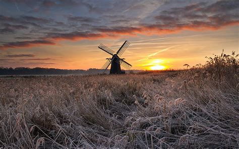 Windmill at Sunset, sunset, windmill, grass, field, clouds, HD wallpaper | Peakpx