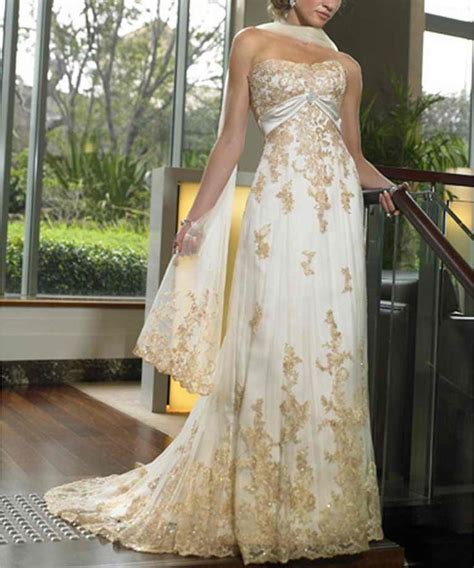 Beautiful gold wedding dress for an older bride | wedding gowns | Strapless lace wedding dress ...