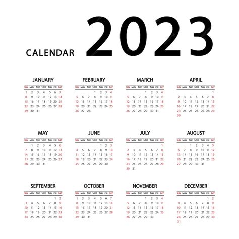 Calendario 2023 año. la semana comienza el domingo. plantilla de calendario anual en inglés 2023 ...