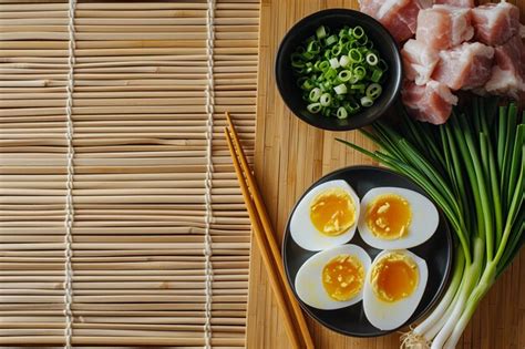 Premium Photo | Japanese Tonkotsu Ramen Ingredients on Bamboo Mat