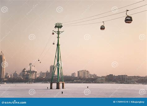 Cableway Lift Across the Songhua River in Winter, Skyline of Songhuajiang River in Harbin Stock ...