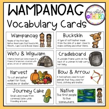 Wampanoag Vocabulary Cards by Ms White in Third | TpT