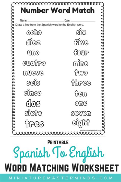 Spanish To English Word Number Matching Worksheet – Miniature Masterminds