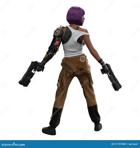 Cyberpunk Woman With Purple Hair, Cybernetic Arm And Eye Implants, Seen From Behind. 3D ...