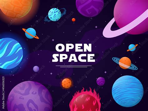 Cover design with open space theme. Planets, orbits, stars, asteroids ...