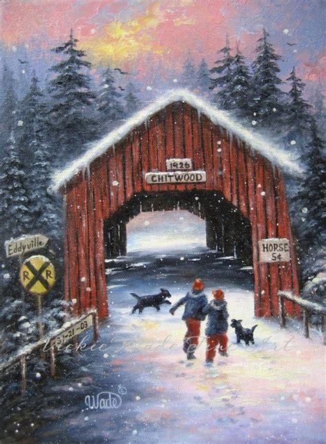 Snow Covered Bridge Art Print snowscene two children black dogs paintings winter snow Oregon ...