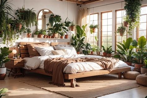 Premium AI Image | Modern boho bedroom with many plants cozy bed and ...