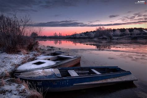 winter, boats, viewes, Latgale, coast, Dubna River, trees, Latvia ...