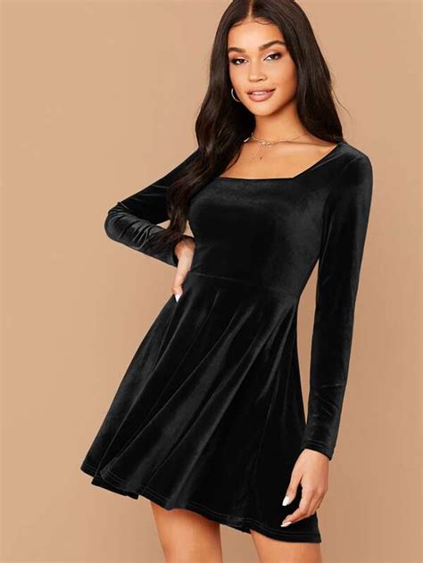 Square Neck Flared Velvet Dress at SHEIN USA | Velvet skater dress, Velvet dress short, Black ...