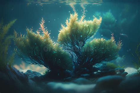 Underwater Landscape with Green Seaweed. 3d Render Illustration Stock ...