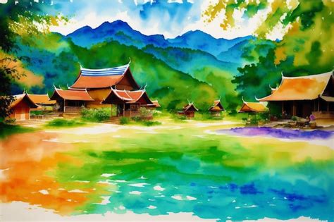 Premium Photo | A chinese village watercolor painting of a tranquil ...