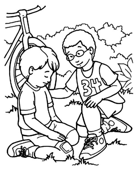 Kindness, : Kindness Helping Friend Falling from Bike Coloring Pages | Coloring for Kids ...