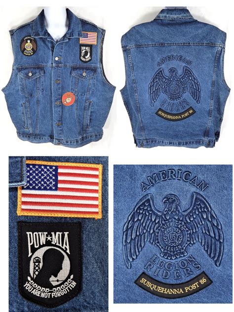 American Legion Riders Embossed Eagle Denim Vest POW Patch Flag USA ...