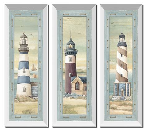 Set of 3 Lighthouse Art Prints Beach Country Coastal Décor-Three 6x18 White Framed Prints ...