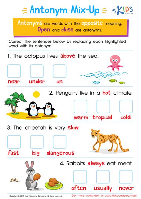 Vocabulary Antonyms Worksheet: Downloadable PDF for Children - Answers and Completion Rate