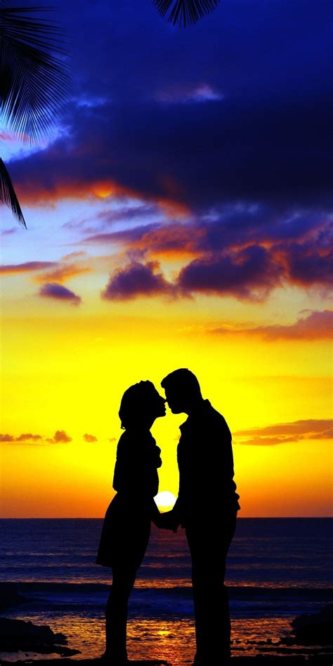 Kiss, couple, sunset, beach, silhouette, art, 1080x2160 wallpaper Beach ...