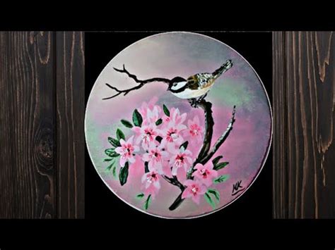 floral acrylic painting on round canvas #birdpainting - YouTube