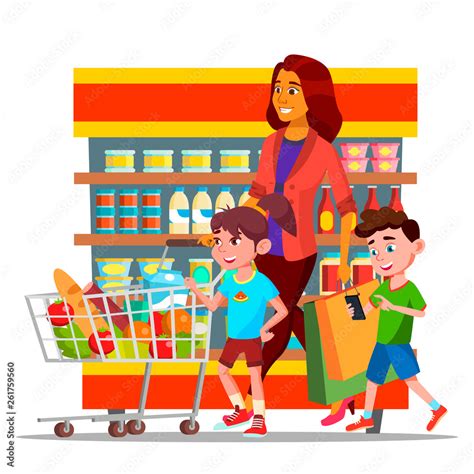 Mother With Children Shopping in Hypermarket Vector Characters. Cartoon Family Shopping In ...