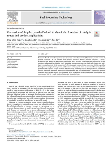 Conversion of 5-Hydroxymethylfurfural To Chemicals-A Review of Catalytic - Reference For HMF ...