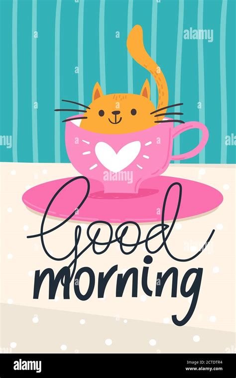 Trendy poster with funny hand drawn cat and good morning quote Stock ...