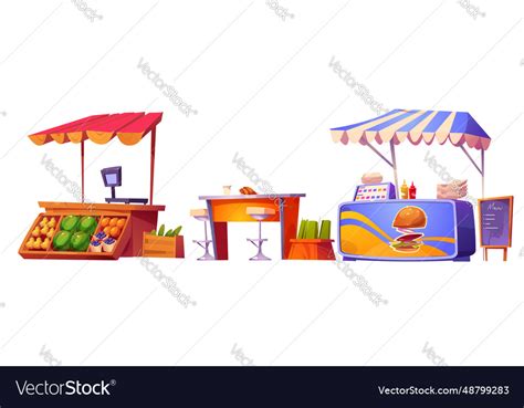 Street food market stalls cartoon Royalty Free Vector Image