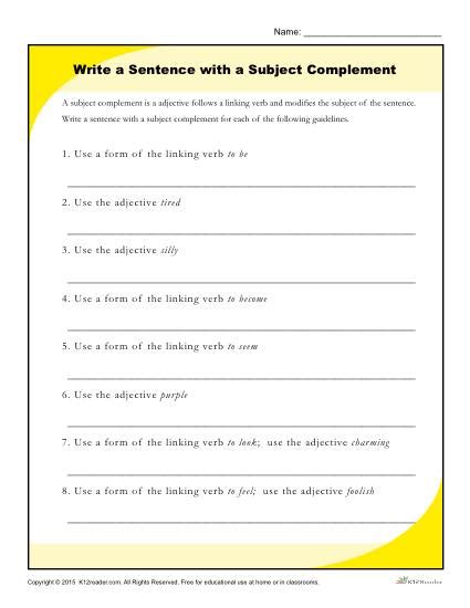 Write a Sentence with a Subject Complement | Worksheet