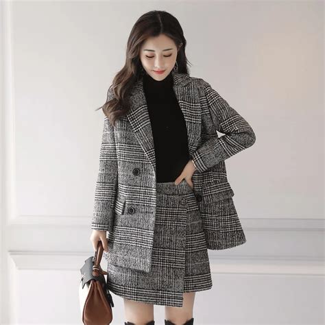 high quality Two Pieces Set Women New Autumn and Winter Plus Size Fashion Plaid Blazer + Skirt ...