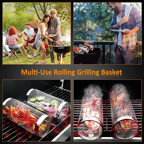 Rolling Grilling Basket, 2 PCSGrill Basket BBQ Grill Basket, Stainless Steel Grill Mesh Barbeque ...